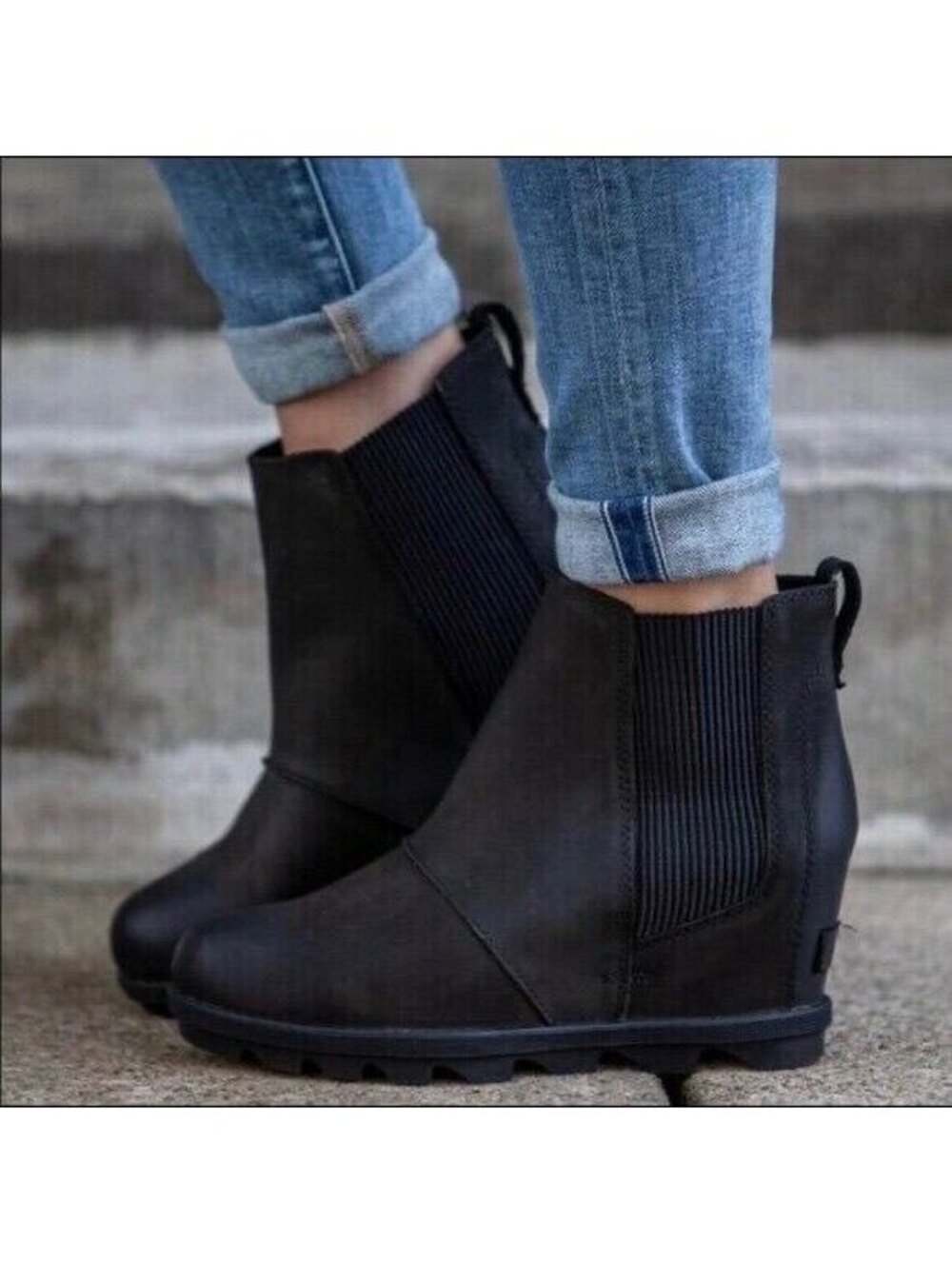 Sorel Joan of Arctic Wedge II Chelsea Boot Black Waterproof Leather Size 9.5